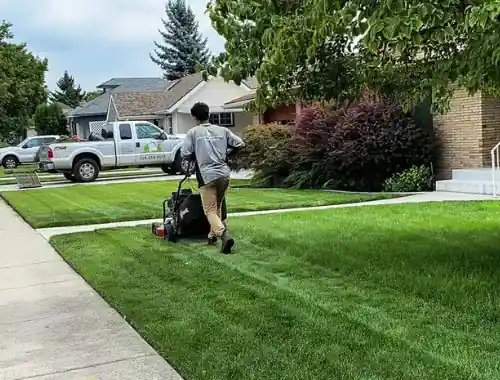 A crew member mowing beside a front walk with the company truck parked at the curb